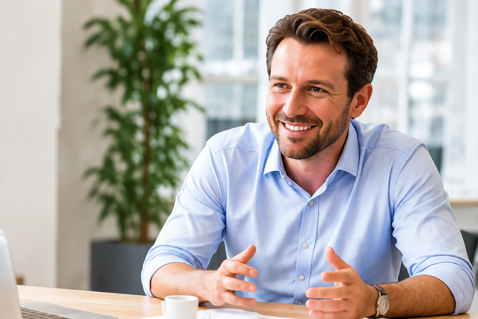 Adviseur aan een lichte werktafel legt een werkschets uit